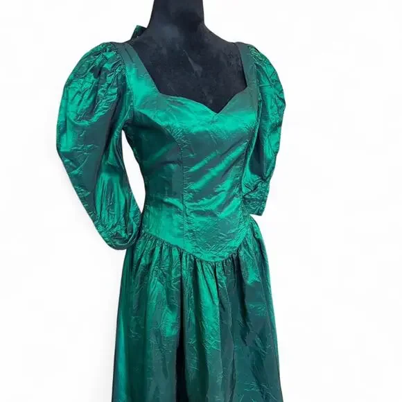 80s Emerald Green Taffeta Dress – Whimsygoth Puff Sleeve Midi S - Picture 2 of 8